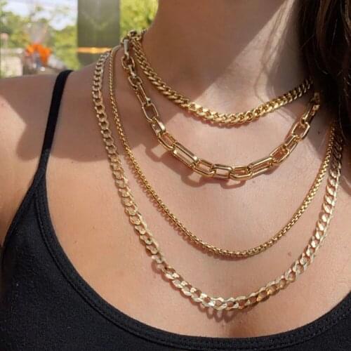 Vintage Multilayer Gold Color Link Chain Necklace for Women Trendy Punk Cuban Chain Clavicle Choker Necklaces Statement Jewelry