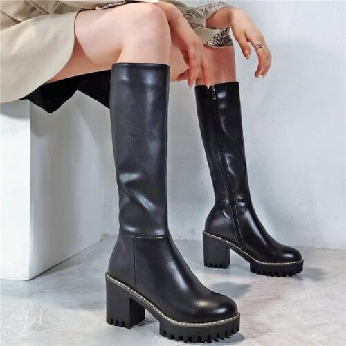 Thigh High Riding Boots Women Genuine Leather Chunky High Heels Mid Calf Motorcyle Boots Female Round Toe Platform Pumps Shoes