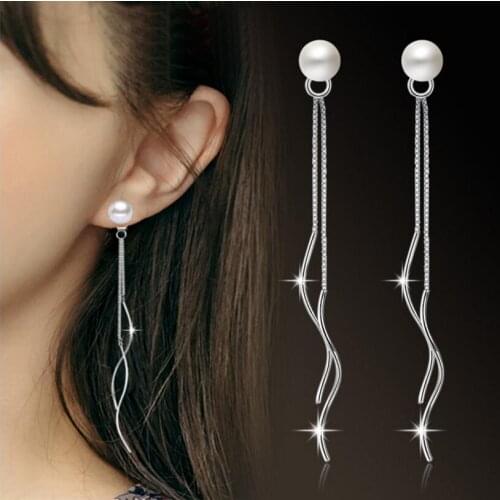 ANENJERY 925 Sterling Silver Simple Fashion Tassel Ripple Earring Chain Pearl Earrings brincos For Women S-E172