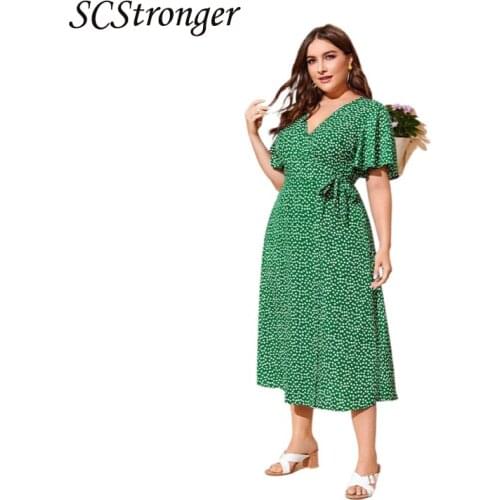 SCSTRONGER Summer Plus Size Dress Sexy Floral Print Polka Dot Solid Color V Neck Fashion Womens Vesidos Mujer Verano 2021