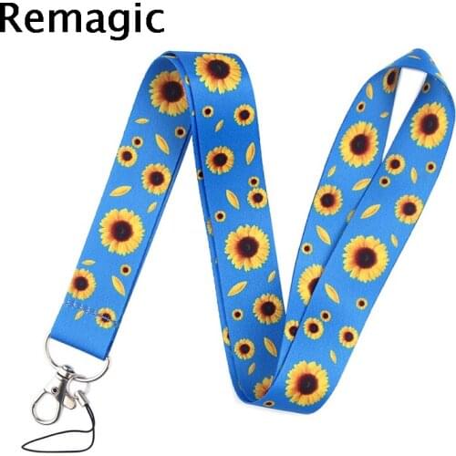 20pcs Fresh Daisy sunflower Keychain Lanyard Id Badge Holder ID Card Pass Gym Mobile Phone Badge Holder Key Strap webbing ribbon