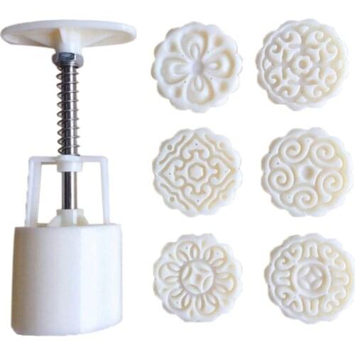 6pcs 3D Flowers Stamps Moon Cake Decor Mould Barrel Round Mooncake Mold 50g Pastry Mooncakes Hand DIY Tool
