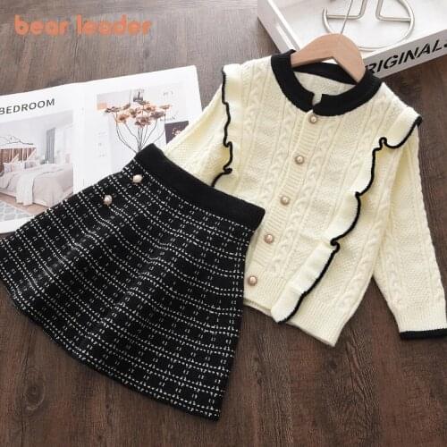 Bear Leader Baby Girls Sweater Clothing Outfit 2021 Newest Winter Knitted Ruffles Solid Color Casual Top Suspender Skirt