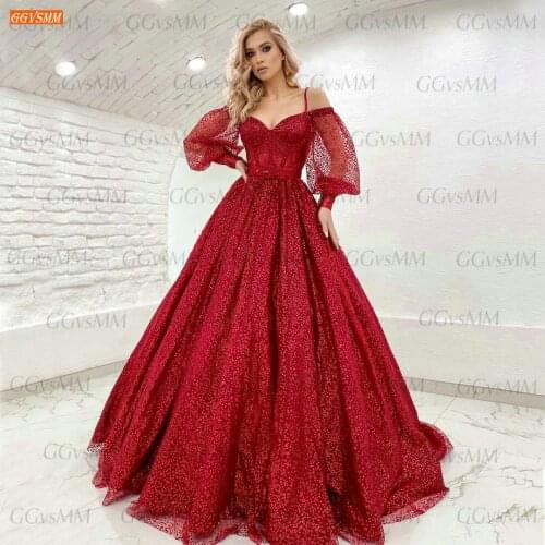 Sparkly Red Prom Dresses 2021 Boho Robe De Bal Femme Longue Custom Made Long Sleeves Women Party Gowns Formal Vestidos De Gala
