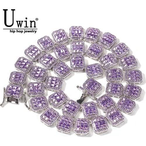 Uwin 13mm Baguette Bracelet Purple Black Blue Stone Paved Bling Pink Square CZ Iced Out Link Anklet Hiphop Jewelry For Gift