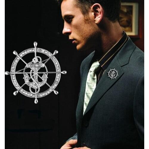 Korean Fashion Navy Style Rudder Brooch Crystal Anchor Lapel Pin High-end Mens Suit Shirt Collar Pins Badge Jewelry Accessories