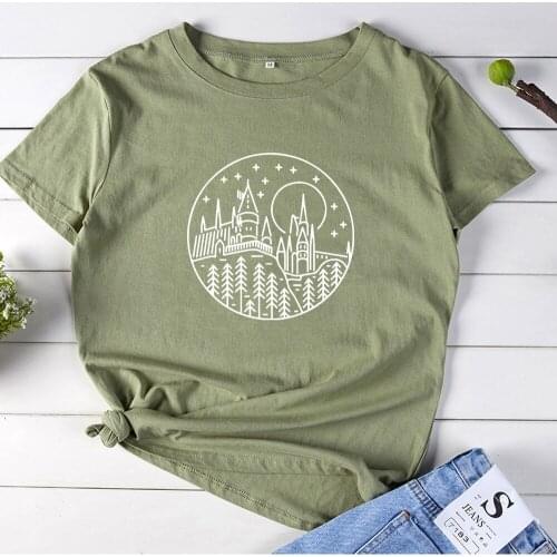 Castle Graphic T Shirt Women O-Neck Tshirt Women Fashion Womens T-Shirts Cotton Casual Print Tee Shirt Femme