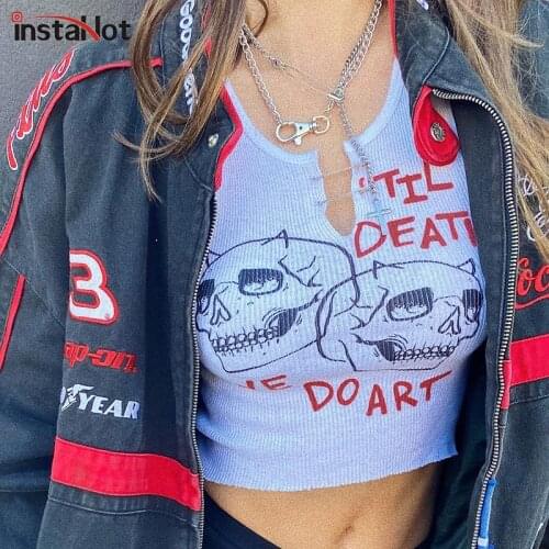 InstaHot Harajuku Tank Top Women Skulls Letter Printed Summer Crop Top 2021 Streetwear Casual Metal White Club Gothic Slim Vest