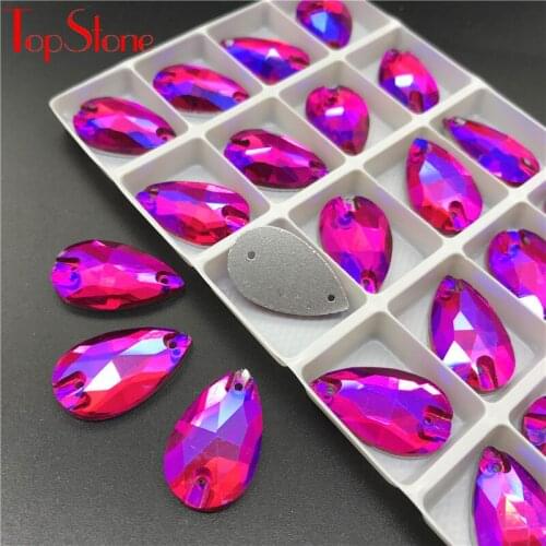 Teardrop Sew on Stone Fuchsia AB Color Glass Crystal Droplet Flatback Sewing Rhinestone For Evening Dress Garment