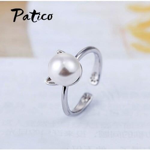 Top Selling Sterling Silver 925 Simulate Pearl Cute Cat Finger Rings for Women Girls Gift Party Jewelry Bague