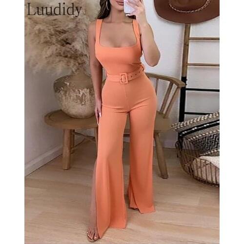 Women Thick Strap Backless Slit Jumpsuit With Belt