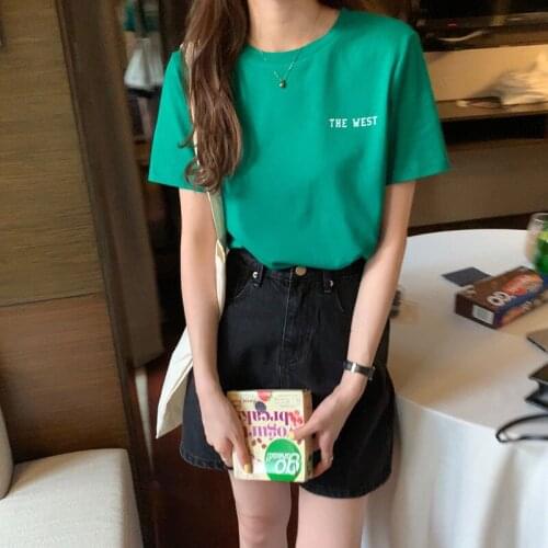 Korean chic casual simple basic round neck hit color letter printed T-shirt mid-length Harajuku style