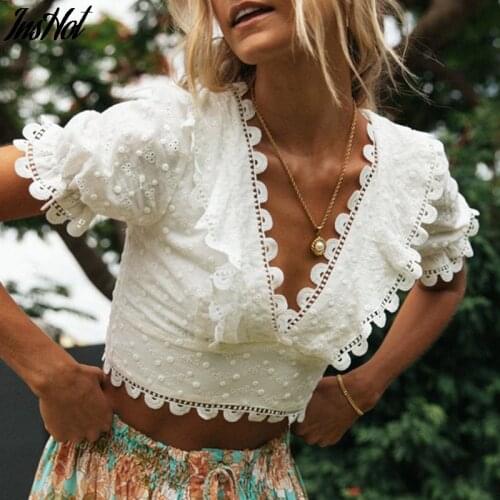 Lace Top Casual Sweet Embroidered Shirt 2021 Fashion High Waist Short Sleeve V-neck Puff Sleeve Elegant Women Bandage Blouses