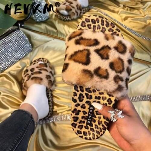 Fashion Leopard Womens Slippers Faux Fur Ladies Flats Shoes Woman Furry Warm Plush Casual Footwear Peep Toe Home Slippers