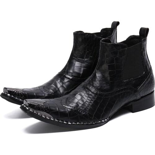 Real Black Crocodile Leather Men Cowboy Ankle Boots Metal Rivets Motorcycle Short Boots Party Dress Male Boots Sapatos Social
