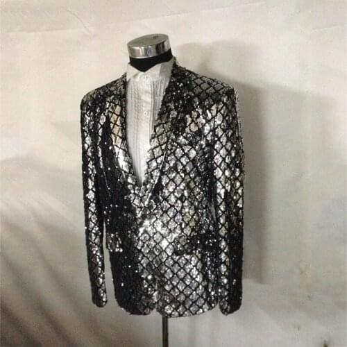 Mens Black Sequined Suit Male Bar Singer Host Blazer Korean Version Of The Slim Suit Master Of Ceremonies Stage Clothing XS2117