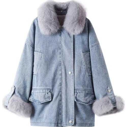 New cuff fox large fur collar denim jacket imitation rabbit fur thickening 2020 winter denim cotton coat cotton clothing women