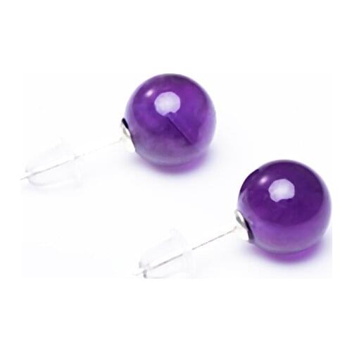 One Pair of Natural Stones 6/8mm Ball Bead Stud Earring Purple Crystals Silver Metal Healing Crystal Ear Jewelry Girl Gifts