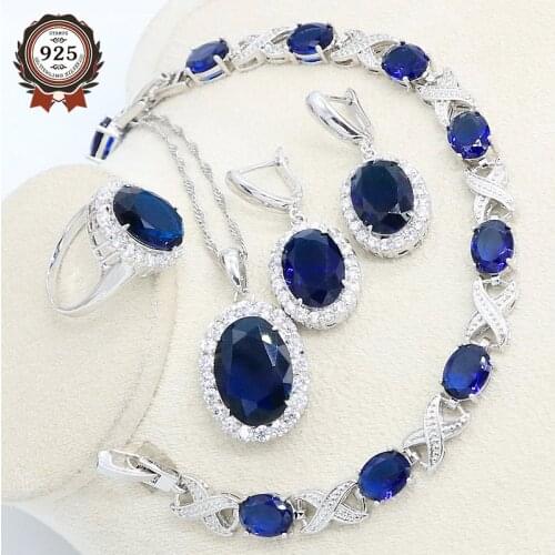 Luxury Blue Semi-precious Silver Color Jewelry Set for Women with Bracelet Hoop Earring Necklace Pendant Ring Gift Box