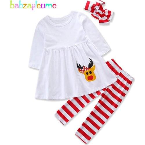 3Piece/1-5Years/Christmas Baby Girls Clothes Cartoon Cute White Kids T-shirt+Stripe Pants+Headband Children Clothing Sets BC1420