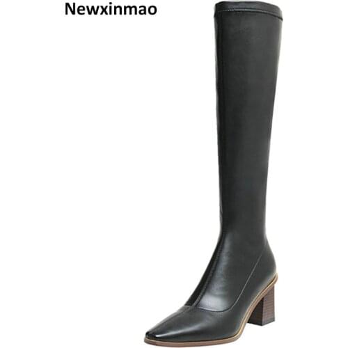 Fashion Wedding Party Shoes Woman Heels 2021 Winter Side Zipper Knee High Boots Genuine Leather High Heels Boots Boots