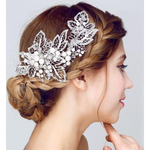 SLBRIDAL Handmade Silver Color Pearls Flower Leaf Wedding Hair Clip Barrettes Bridal Headpieces Hair accessories Bridesmaids