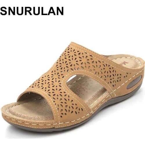 SNURULAN Shoes Women Female Slippers Fretwork Heels Low Slides Soft 2021 Flat Rome PU Fabric Scandals Casual Leisure Hoof Shoes