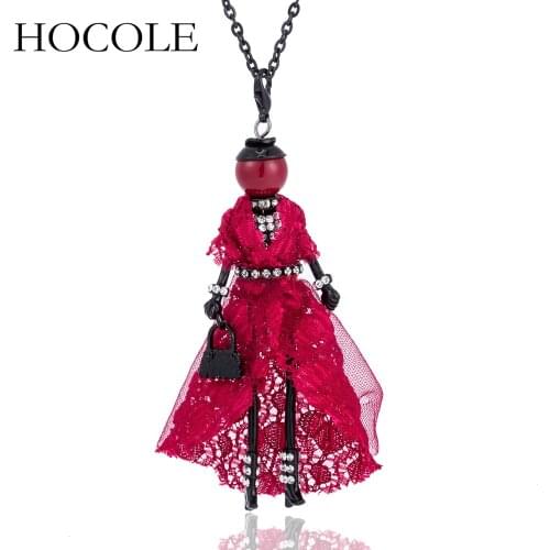 HOCOLE Women New Fashion Doll Pendant Necklaces Red Yarn Dress Long Chain Handmade Necklace For Lover Gifts Jewelry Accessories