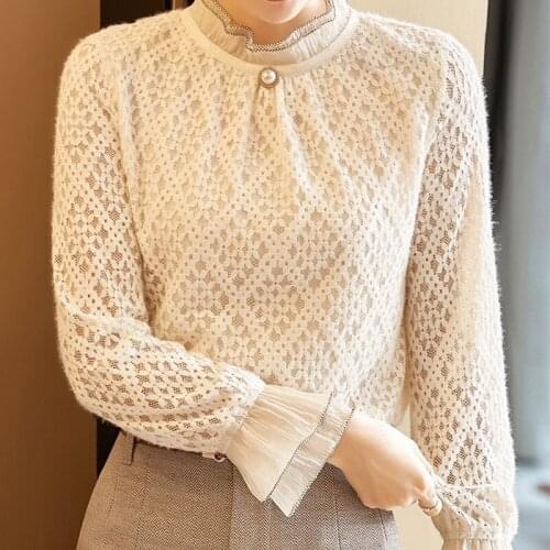Womens Spring Autumn Style Blouse Shirt Womens Solid Color Hollow Out Long Sleeve Stand Collar Korean Elegant Tops SP1329