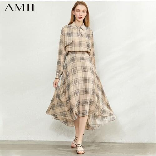 AMII Minimalism Autumn Vintage Set Fashion Plaid Vneck Women Shirt Tops High Waist Aline Calf-length Female Set 12040083