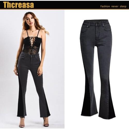 Tissbely Womens Black Jeans Big Feet Trouser Legs Panelled Colors Wide Leg Pants Bottoms for Office Ladies