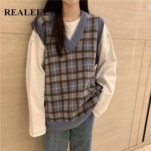 REALEFT Autumn Winter Loose Plaid Women Vest Sweaters 2021 New V-Neck Sleeveless Casual Tank Pullovers Knitted Chic Tops Female