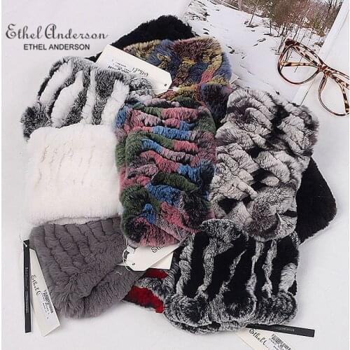 Ethel Anderson Real Rabbit Fur Knitted Scarf Lady Genuine Rex Rabbit Fur Stretch Headbands Girls Chic Fur Ring Scarves Collar
