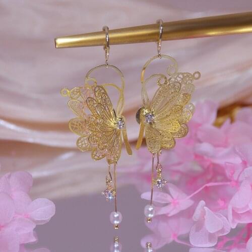 14K Real Gold Plated Fashion Jewelery Hollow Butterfly Long Exquisite Earrings for Woman Holiday Party Elegant Earring
