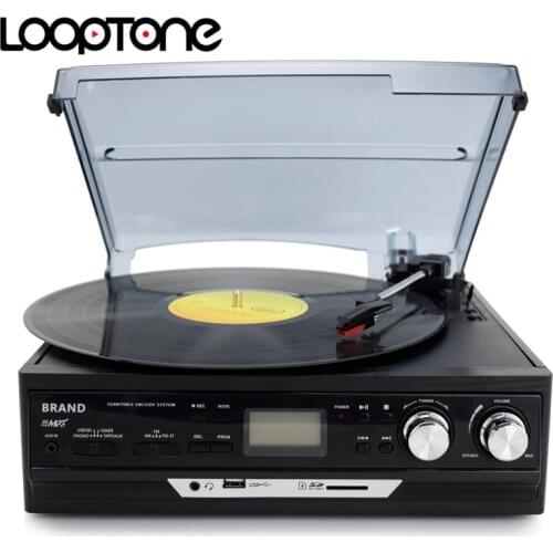 LoopTone 3-Speed Bluetooth Vinyl LP Record Player Turntable Built-in Speakers Gramophone AM/FM Radio USB/SD Cassette Recorder