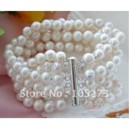6Rows AA 7-8MM White Color Round Freshwater Cultured Pearl Bracelet 8'inchs White Magnet Clasp Wholesale Free Shipping FN1971