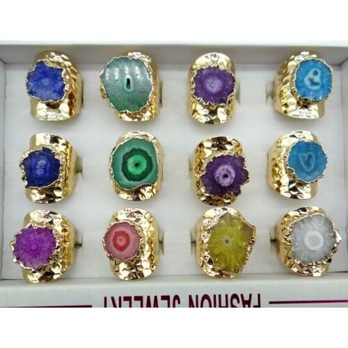 Big Gold Rim Vintage Retro blue Purple Geode Crystal Flower Agates Stone Slice Adjust Open Hammered Ring Cuff for Woman Man Ring