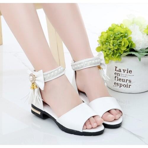 Kids Sandals Children High Heels For Big Girls White Pink Pearls Princess Party Wedding Shoes 5 6 7 8 9 10 11 12 13 14 Years Old