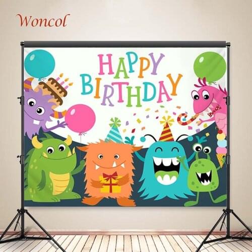 Woncol Cartoon Monster Photography Backdrops Child Birthday Photo Backgrounds Balloons Cake Firework Newborn Party Decorations