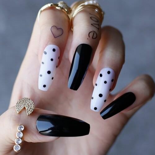 Glossy Black and white polka dot gel design nails Curve long Coffin Acrylic nails nude salon 24pcs fake nails ballet fell set