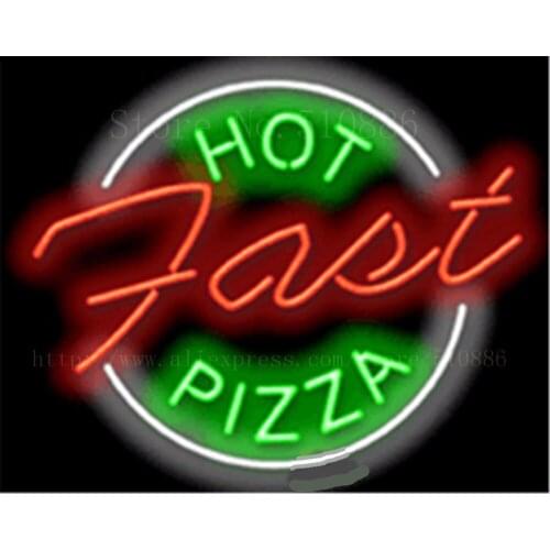 Hot Pizza Fast NEON SIGN REAL GLASS BEER BAR PUB LIGHT SIGNS store display Restaurant Advertising food wings drink Lights 17*14"