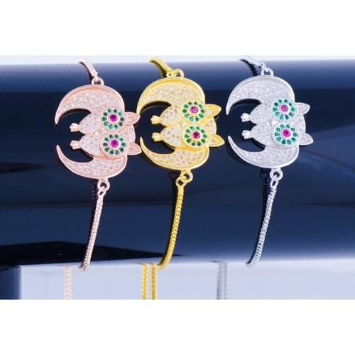 Juya Handmade Micro Pave Crystals Adjustable Chains Russian Owl Charm Bracelets For Women Girl Jewelry Supplies