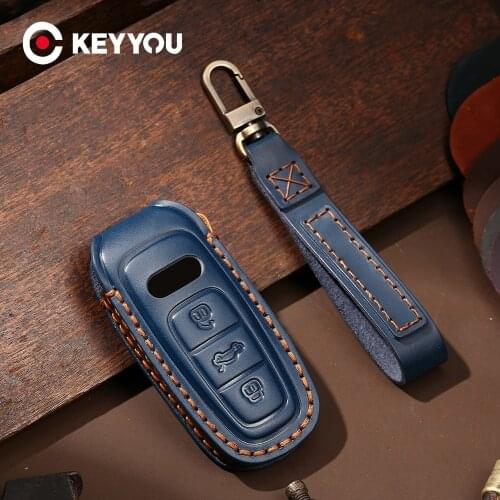 KEYYOU Leather Car Key Case For Audi A6 C8 A7 A8 Q8 2017 2018 2019 2020 Fob Case Premium Leather Case