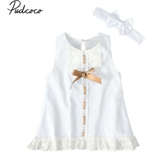 2020 Infant Newborn Baby Girls Lace Dress 0-24M Sleeveless Bowknot Rib Solid A-line Dress Headband Casual Summer Sundress