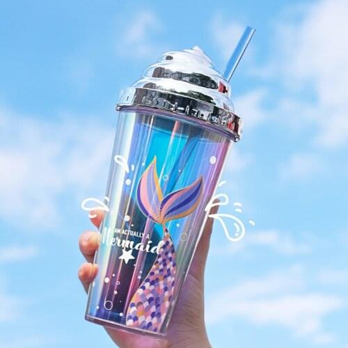 Electroplated Glitter Water Cup Creative Straw Mermaid Cup Gift Home Office Double Layer Heat Cold Insulation With Lid BPA Free