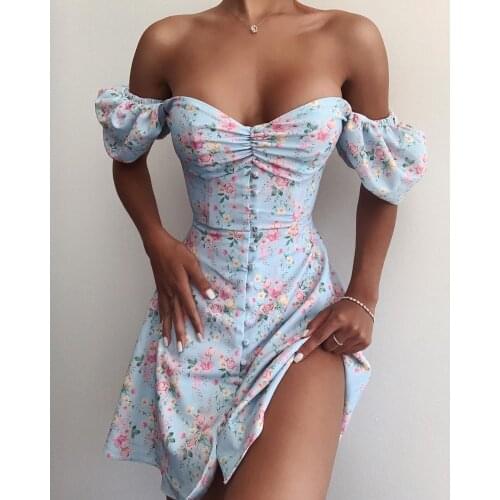 Summer Prairie Chic Floral Print Cottagecore Mini Dress Club Boho Puff Short Sleeve Dresses Bodycon Womens Clothing 2021