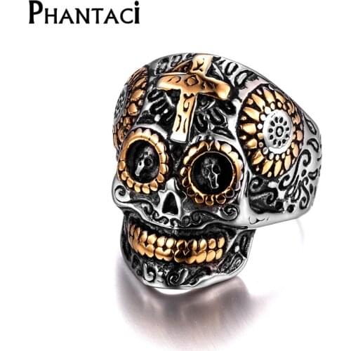 Vintage Black Titanium Stainless Steel Pharaoh Skull Ring Men Silver Color Cross Designer Jewelry Ring For Man Retro Male Rings