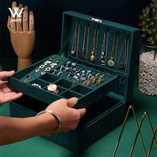 WE Double Layer Portable Travel Jewelry Box With Green Velvet Fannel Display Organizer Storage Case for Earrings Necklace Ring