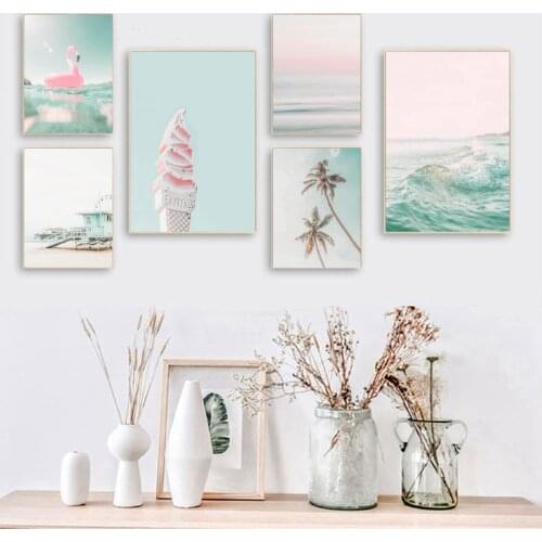 Summer Beach Wall Art Prints Pink Mint Blue Posters and Prints Wall Picture Coastal Decor Canvas Painting For Living Room Wall