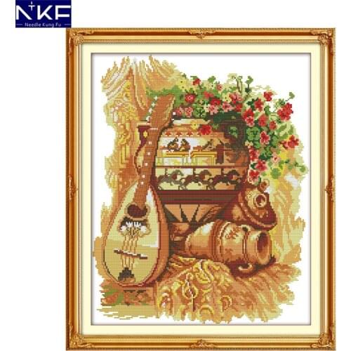 NKF Clay Pot and Guitar Stamped Cross Stitch Patterns Needlework Set 11CT 14CT Chinese Cross Stitch Kits for Home Decor